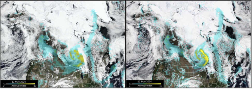 Two side-by-side satellite images of US/Canada show a comparison of aerosol index measurements from S-NPP (left) and NOAA-21 (right) OMPS instruments. The images show smoke plumes in swirling white and blue.