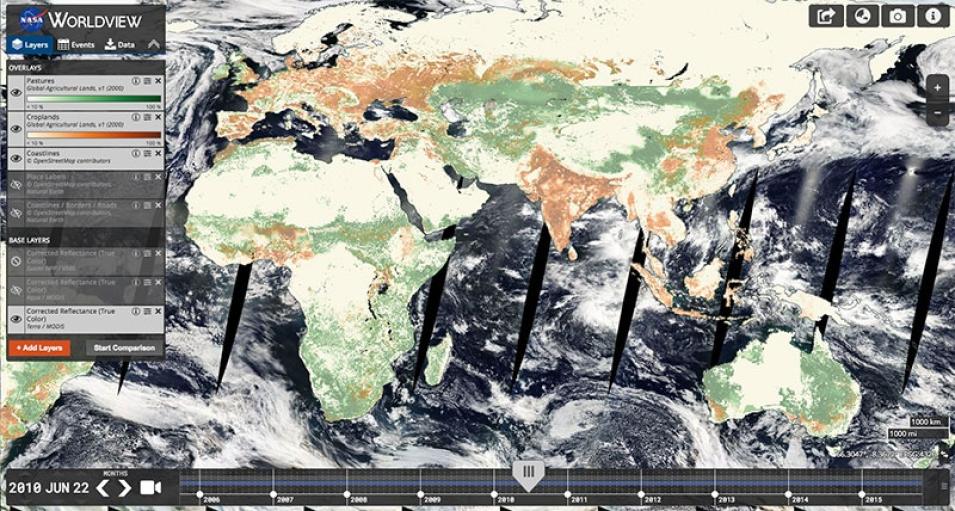 Screenshot of Worldview imagery of Earth, with croplands and pastures indicated in various shades of light green and yellow.