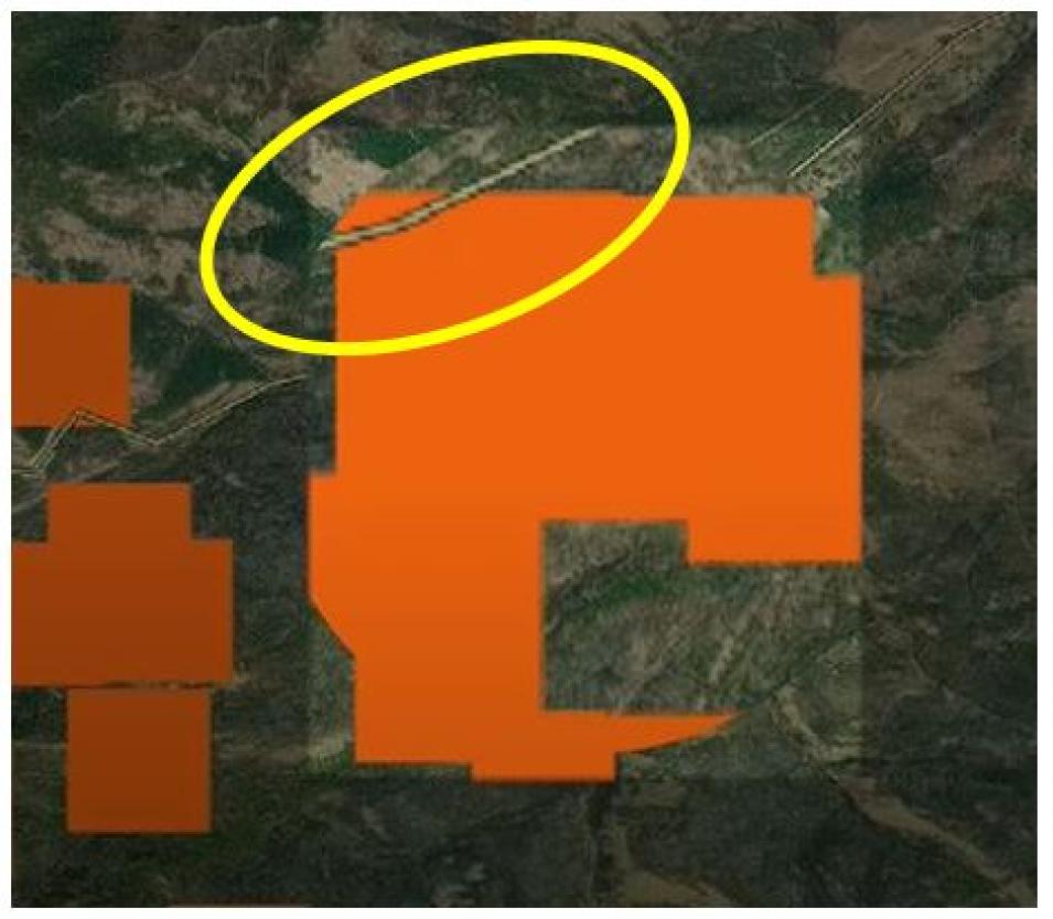 This image from FIRMS shows a pixel noting the location of a fire and spreading across a road. In actuality, the fire may not fill this entire pixel. Or, there could be multiple fires in the area covered by the pixel (375 km for VIIRS and 1km for MODIS).