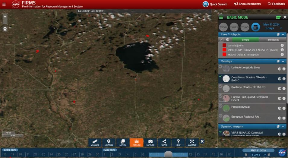 This screen capture from FIRMS shows the timeline at the bottom of the screen, which users can use to select fires by date range.