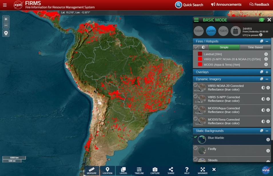 This screen capture from FIRMS shows what the application looks like when it's first opened. Shown here is the continent of South America with red dots marking the location of active fires (or thermal anomalies). On the right of the screen is the FIRMS Main Menu.