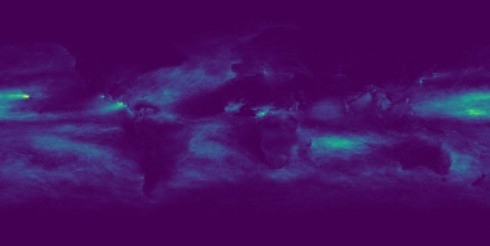 This image shows Community Earth System Model 2 output of dust longwave radiative forcing at the top of atmosphere. 