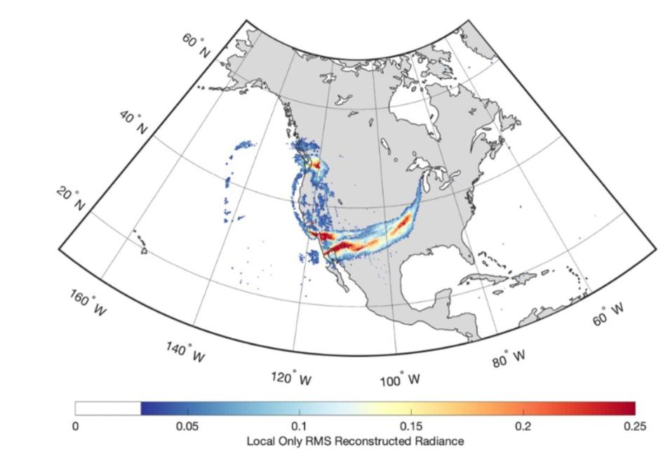 This graphic shows CrIS data of Peroxyacetyl Nitrate (PAN) emissions associated with Canada and California wildfires in September of 2020.