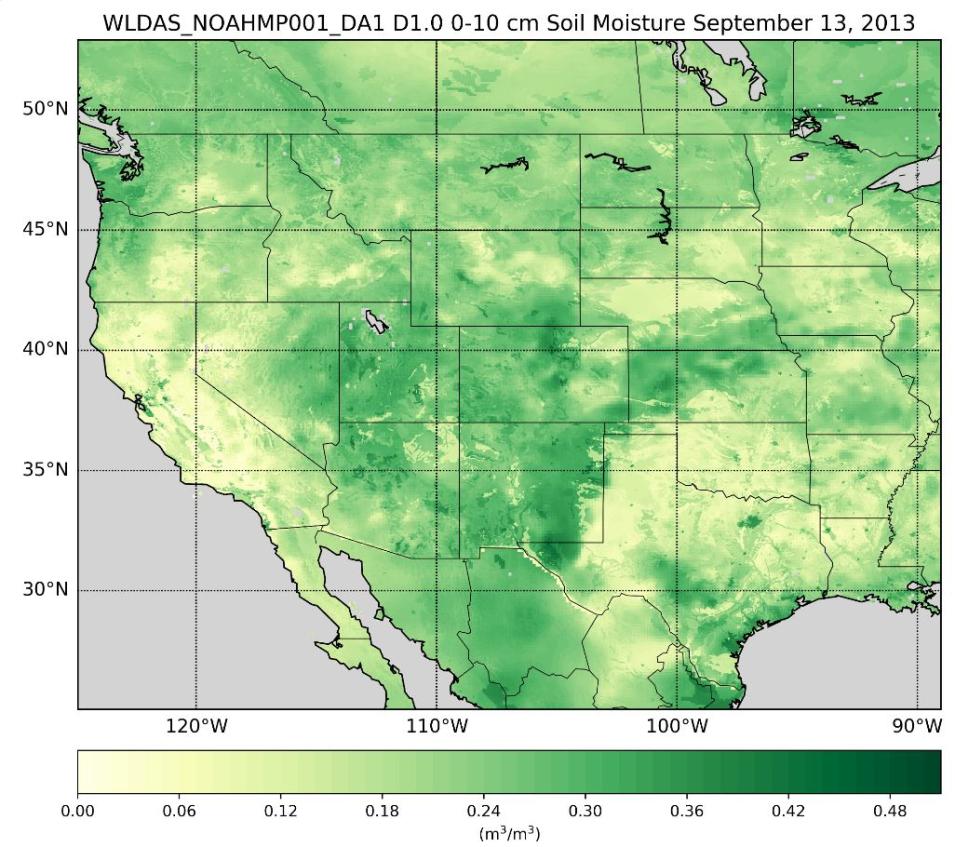 A map of data from the Western North America Land Data Assimilation product showing soil moisture from September 2003.