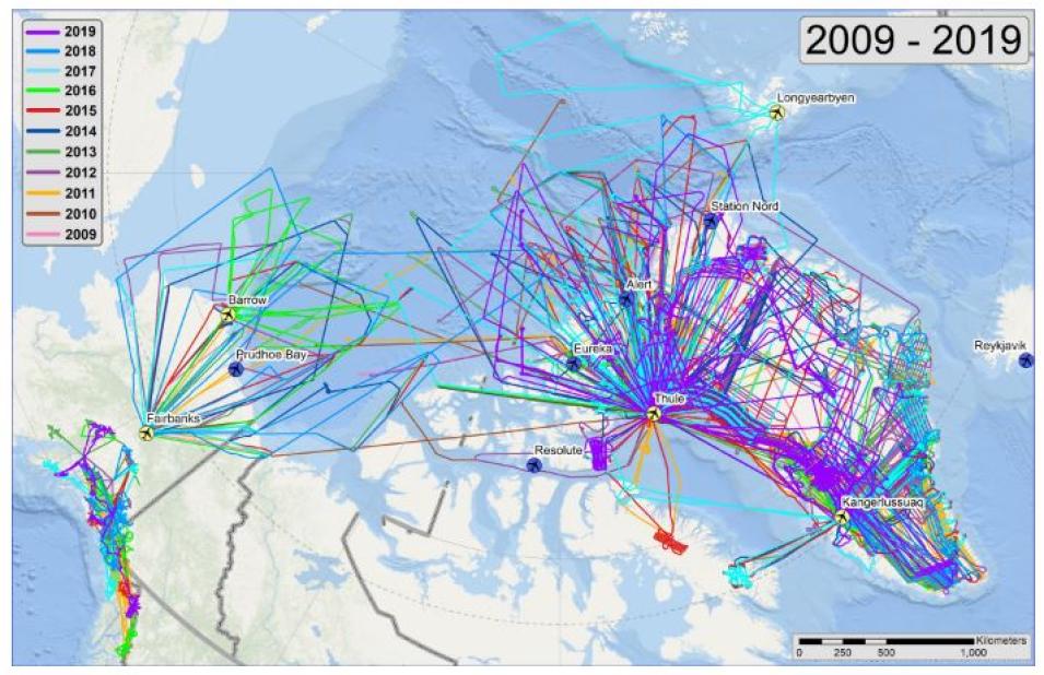 This graphic shows the flight lines of the planes used in Operation IceBridge's Arctic campaigns, which included Alaska.