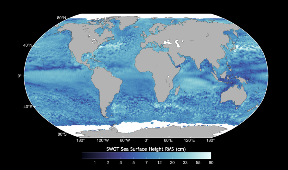 The SWOT satellite carries the novel Ka-band Radar Interferometer (KaRIn) instrument, which measures Earth's surface water at unprecedented resolution. This graphic shows KaRIn sea surface height measurements of the global ocean. 