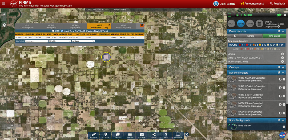 screenshot from FIRMS showing an active fire and an information box