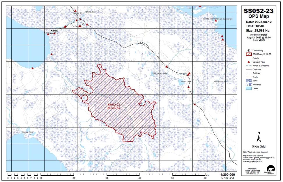 VIIRS data from were used to make this map showing the location and perimeter of a 28,566-hectare fire in the NWT South Slave Region.