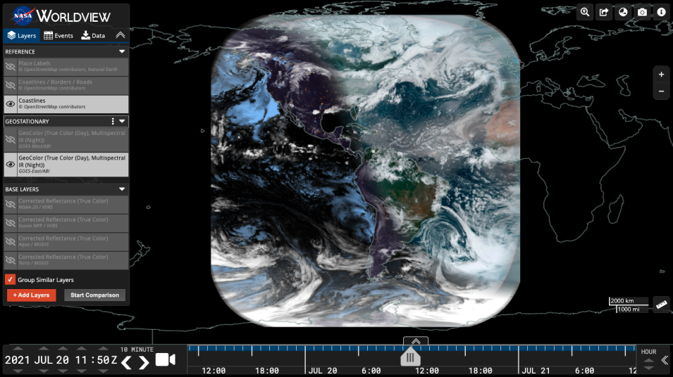 Screenshot of Worldview showing GeoColor imagery applied to a satellite image of North and South America, with swirling white clouds above blue ocean and green-brown land.