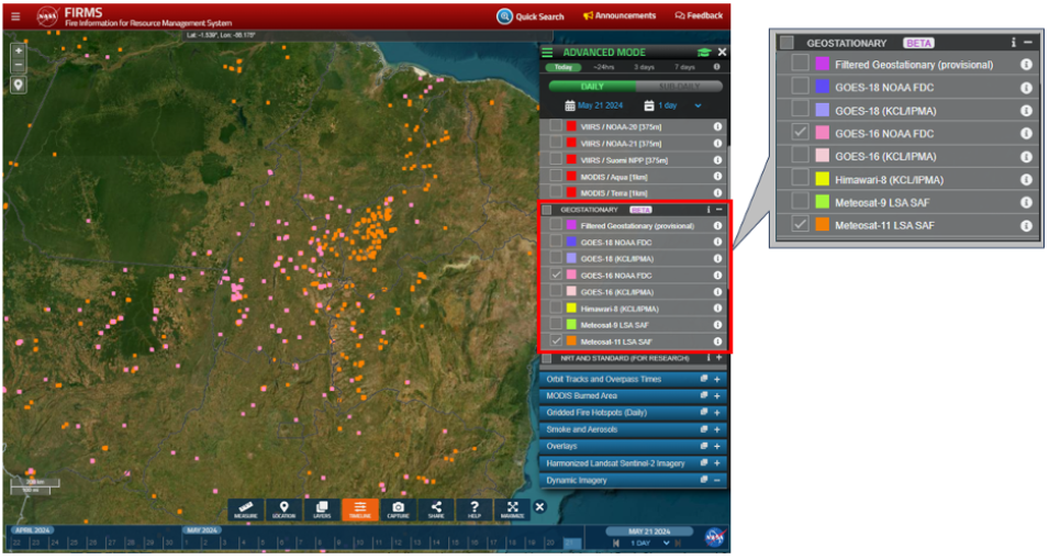 Screenshot of FIRMS US/Canada showing active fire detection layers, with pink and orange dots indicating hotspots. 