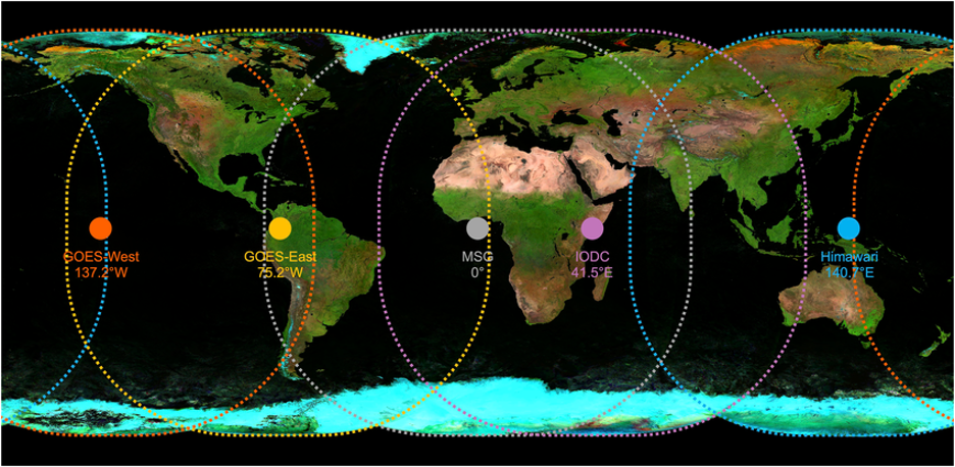 A global map is divided into sections by colorful dotted lines; each section represents the spatial coverage of a geostationary satellite used in FIRMS.