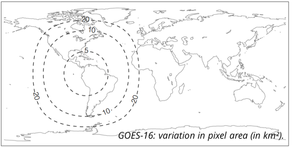 A black-and-white global map is overlaid with circles comprised of dotted lines indicating GOES-16 variation in pixel area.