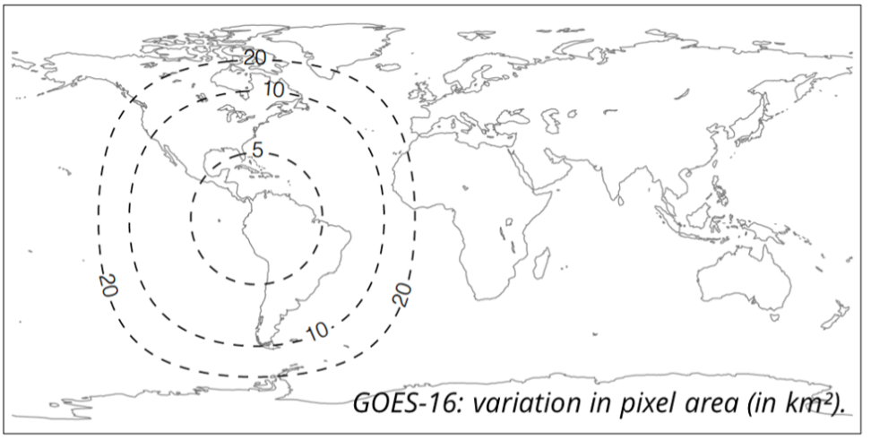 A black-and-white global map is overlaid with circles comprised of dotted lines indicating GOES-16 variation in pixel area.