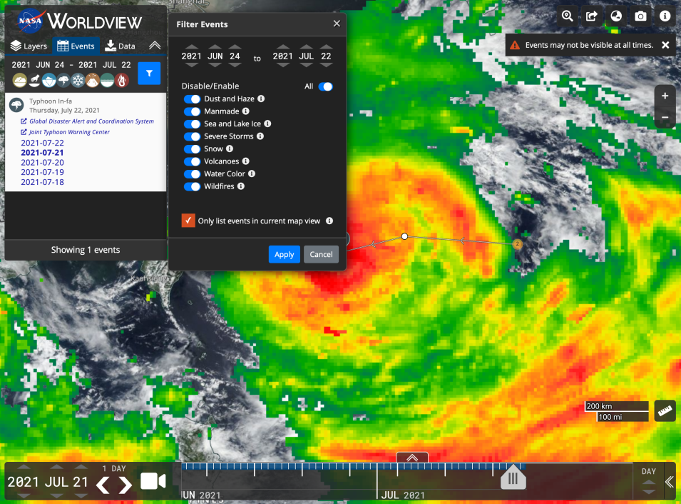Screenshot of the events tab and event filter options in Worldview superimposed over a satellite image of a typhoon.
