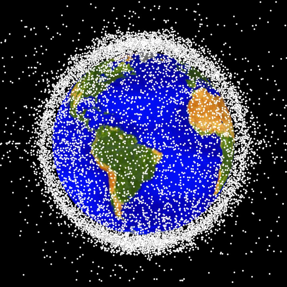 Image of Earth with white dots surrounding the planet indicating known space debris