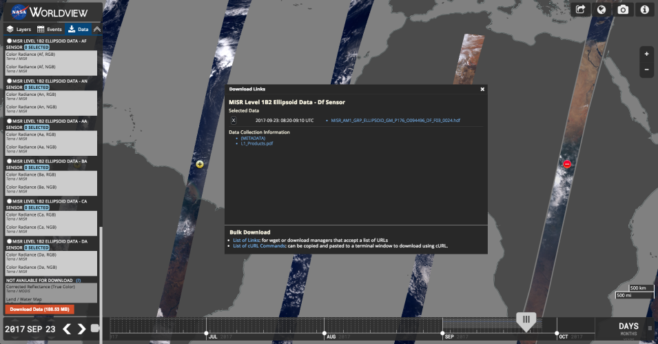 Screenshot of Worldview showing the data download option for MISR A Nadir.