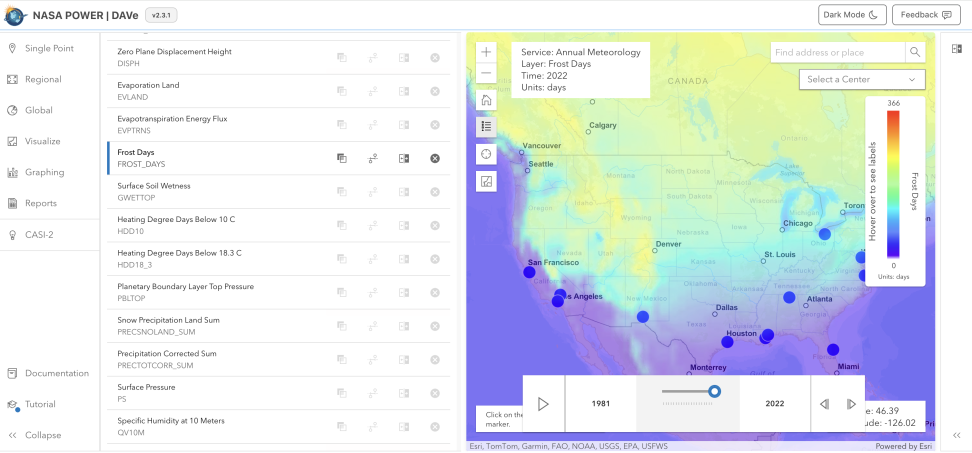 screenshot of POWER DAVe showing interface and Frost Days across U.S.