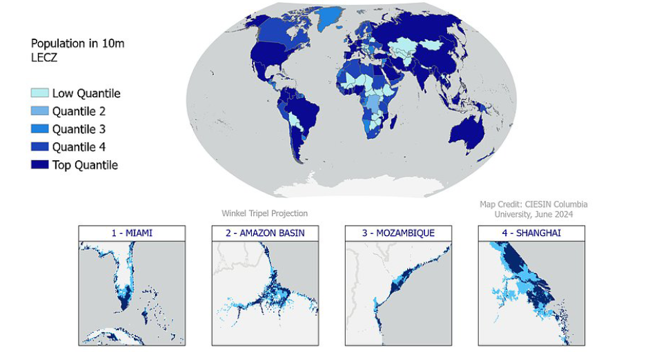 These maps from NASA's SEDAC show population estimates in low elevation coastal zones.