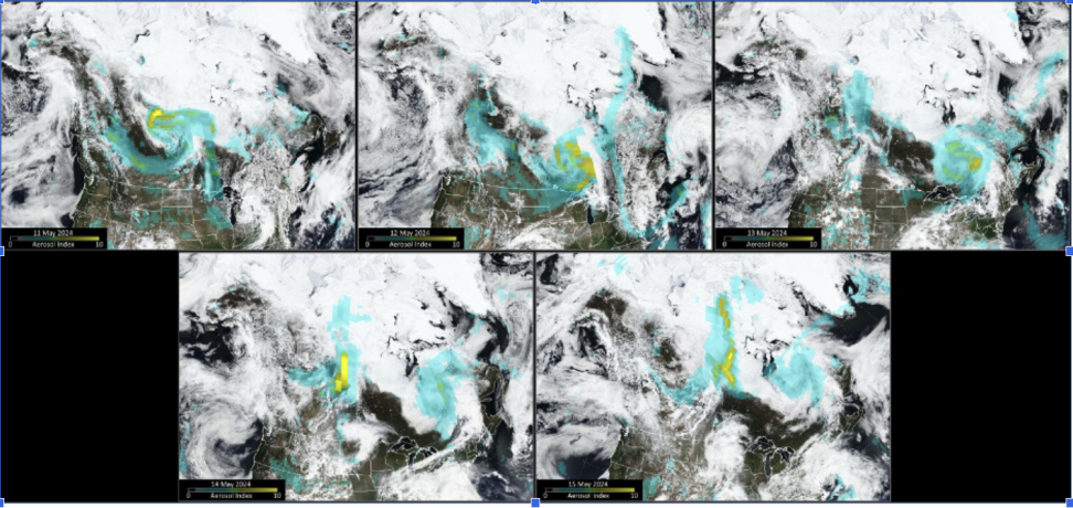 Five rectangular satellite images in a grid show smoke from fires burning in western Canada in swirling shades of turquoise and white.
