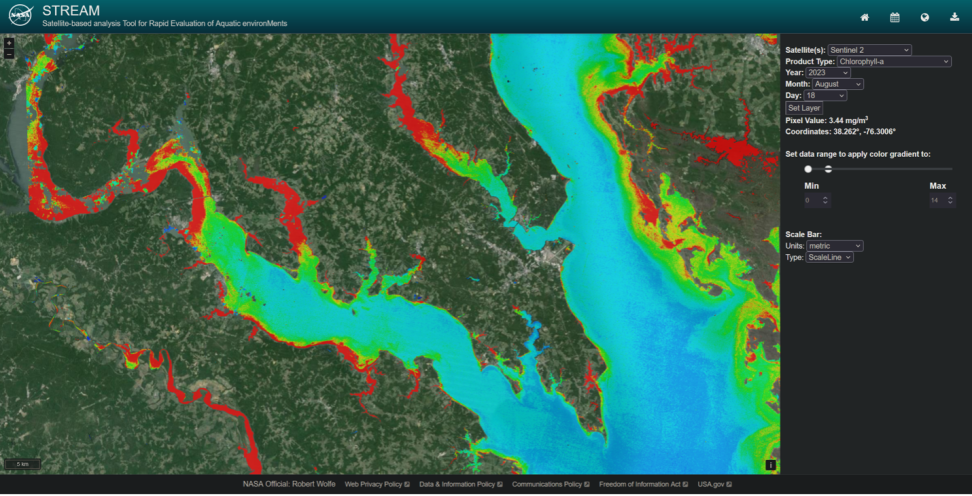 screenshot of STREAM interface with water body on left 3/4 of screen and data on right 1/4 of screen