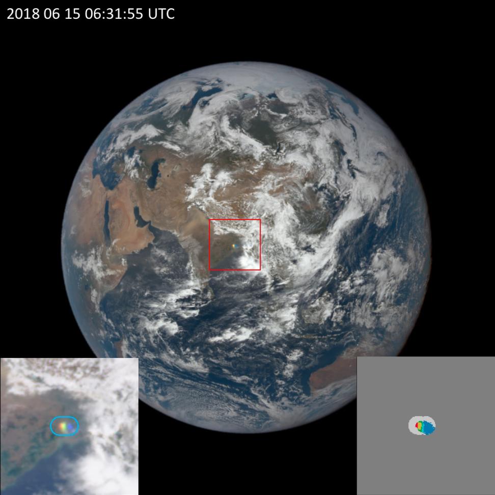 This is a square image showing the sunlit Earth in space. Over the center of Earth is a red outline of a square with a tiny red, blue, and green sunglint in the middle. In the lower left corner of the overall image is a smaller square image showing a zoomed-in view of the sunglint. In the lower right corner of the image is another square image showing how the glint appears in EPIC’s sunglint mask product. The glint appears a mix of red, green, and blue with non-glint areas around it colored grey.  