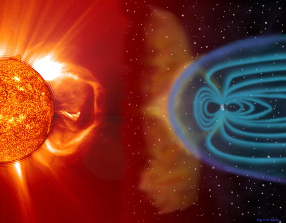 Image of CME leaving the Sun and interacting with Earth; blue lines at Earth's poles indicate magnetic field. Sun on left; Earth on right of image