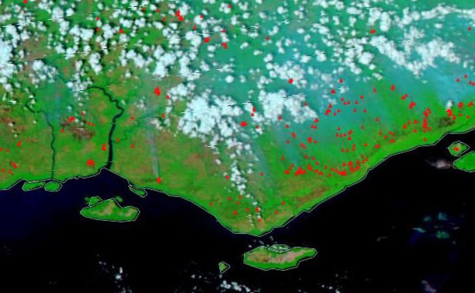 VIIRS fires + corrected reflectance with M11-I2-I1 bands to show burned areas (reddish brown) and through the smoke.