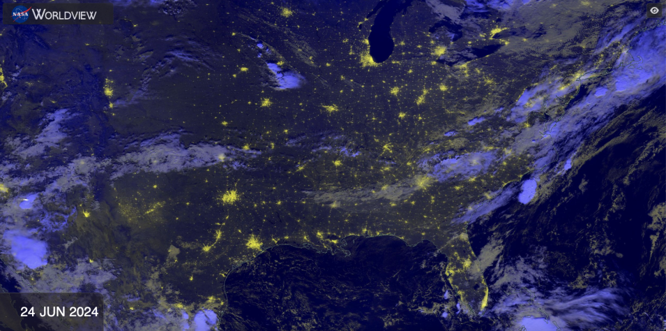 worldview screenshot showing Black Marble blue-yellow nighttime image of the U.S.