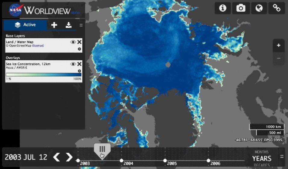 Worldview screenshot showing sea ice concentration in various shades of blue, with darker shades indicating higher concentrations.