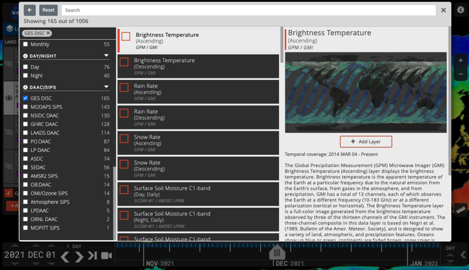 Screenshot of Worldview showing a facet that allows for filtering by Distributed Active Archive Center (DAAC) and Science Investigator-led Processing Systems.