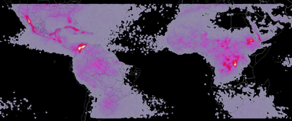 Screenshot of Worldview showing a satellite image of Earth with oceans in black and land in violet, with pink areas indicating concentrations of lightning flashes.