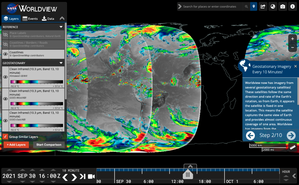 Screenshot of Worldview showing the the Geostationary Imagery Tour Story with satellite imagery of Earth in swirling blues, greens, yellows, and reds.