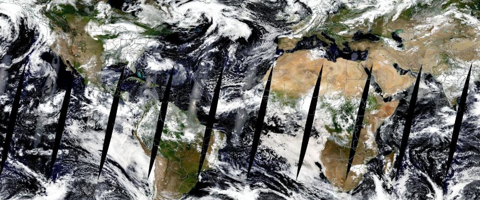 A satellite image of Earth with swirling clouds above blue oceans and green-brown land. Swaths of the image are missing, indicating gaps in the satellite data.