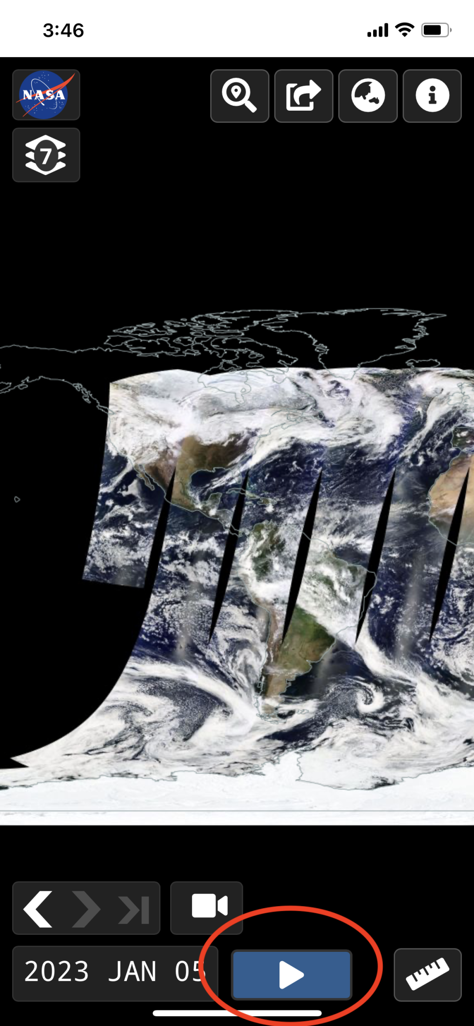 Screenshot of Worldview on a mobile device showing satellite imagery of Earth, with blue ocean, green-brown land, and white clouds. At the bottom of the screenshot is a play button circled in red.