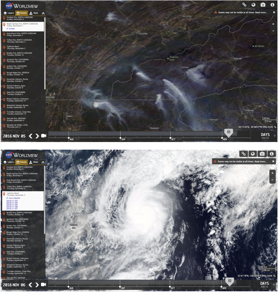 Two stacked satellite images of Earth captured by the Worldview data visualization tool.