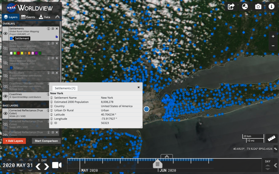 Screenshot of Worldview displaying the Settlements Vector Layer over a satellite image of New York City.