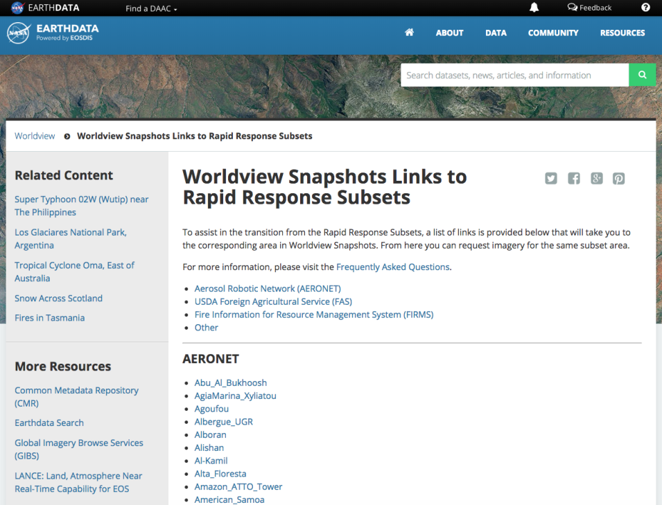 Screenshot of Worldview Snapshots displaying information about how this application connects to its precursor Rapid Response.