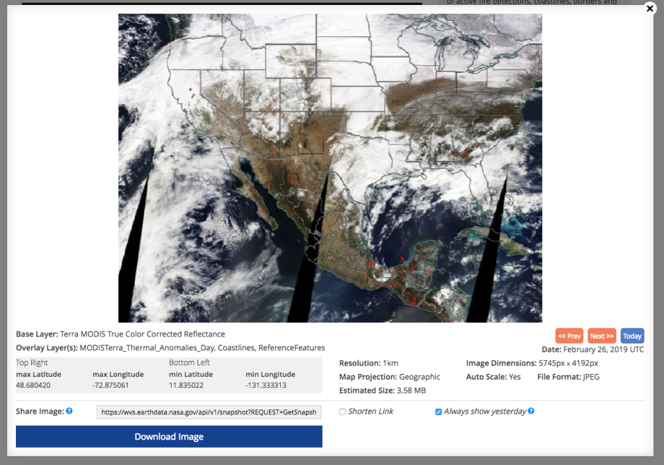 Screenshot of Worldview Snapshots showing a satellite image of the United States with white clouds covering some of the green-brown land. Below the satellite image is a download button for accessing the underlying data.