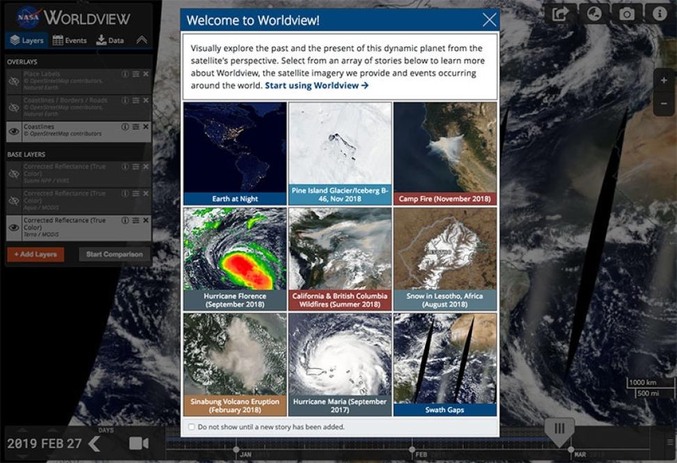 Screenshot of Worldview's Tour feature, which displays nine square images, each representing a current event such as a hurricane.