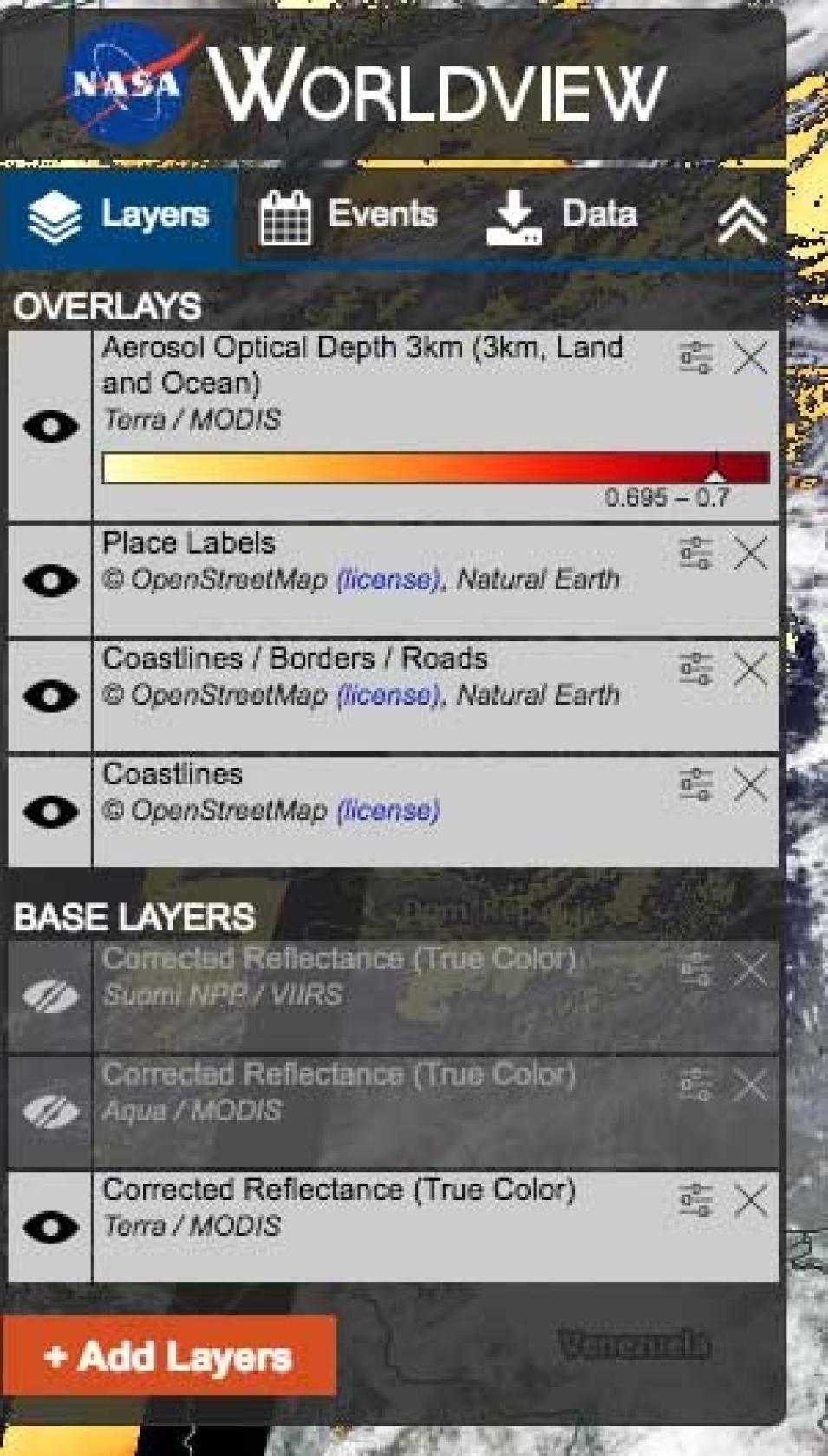 Screenshot of the Worldview legend showing the corresponding image data value.