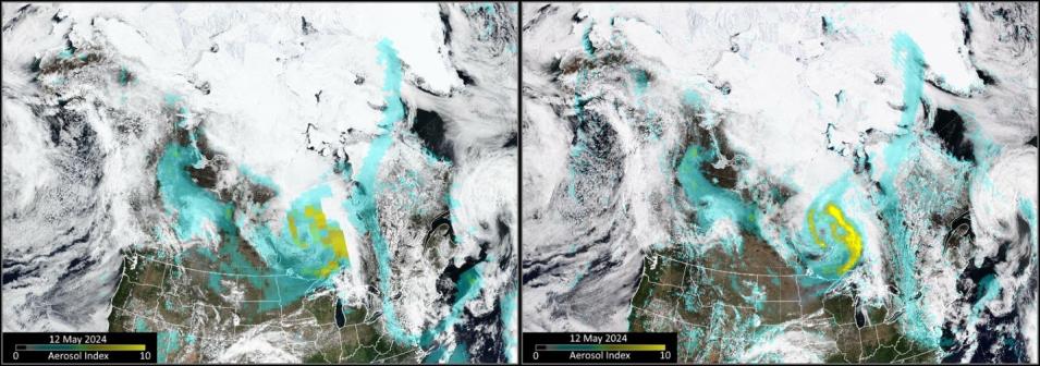 Comparison of Suomi-NPP OMPS and NOAA-21 OMPS Aerosol Index observations for May 12.