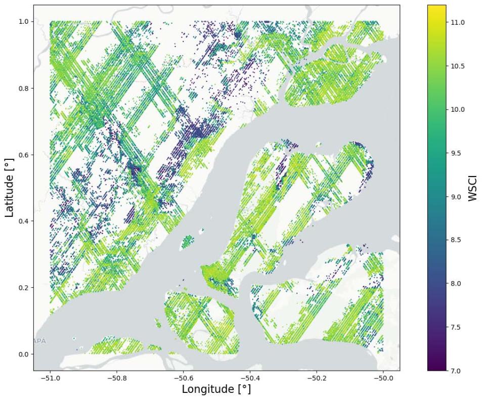 Shown here is a a subset of GEDI Level 4C data featuring Waveform Structural Complexity Index (WSCI) predictions over the eastern Amazon.