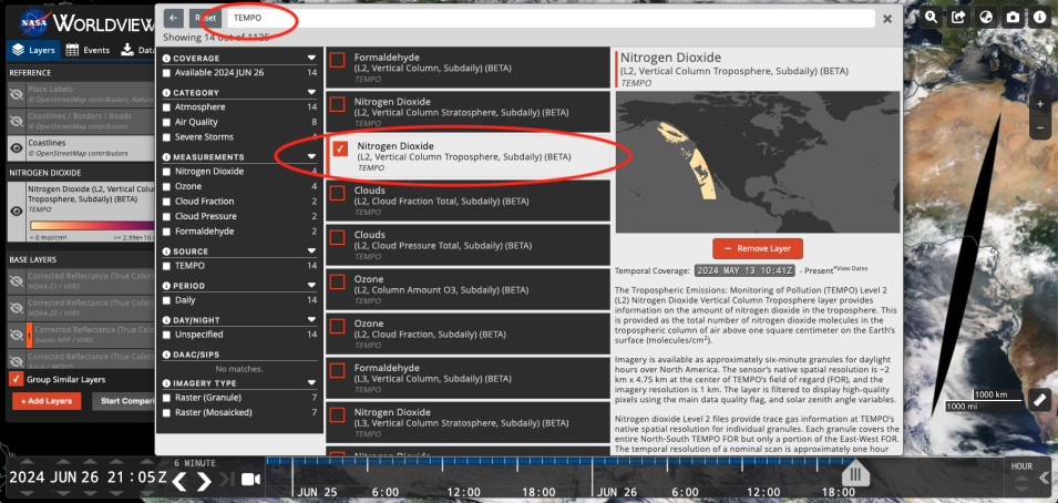 This screen capture from NASA Worldview shows how users can select data layers from the TEMPO mission.