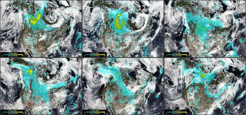 NOAA-21 six panel Ozone Mapping and Profiler Suite (OMPS) Aerosol Index July 19-24, 2024. 