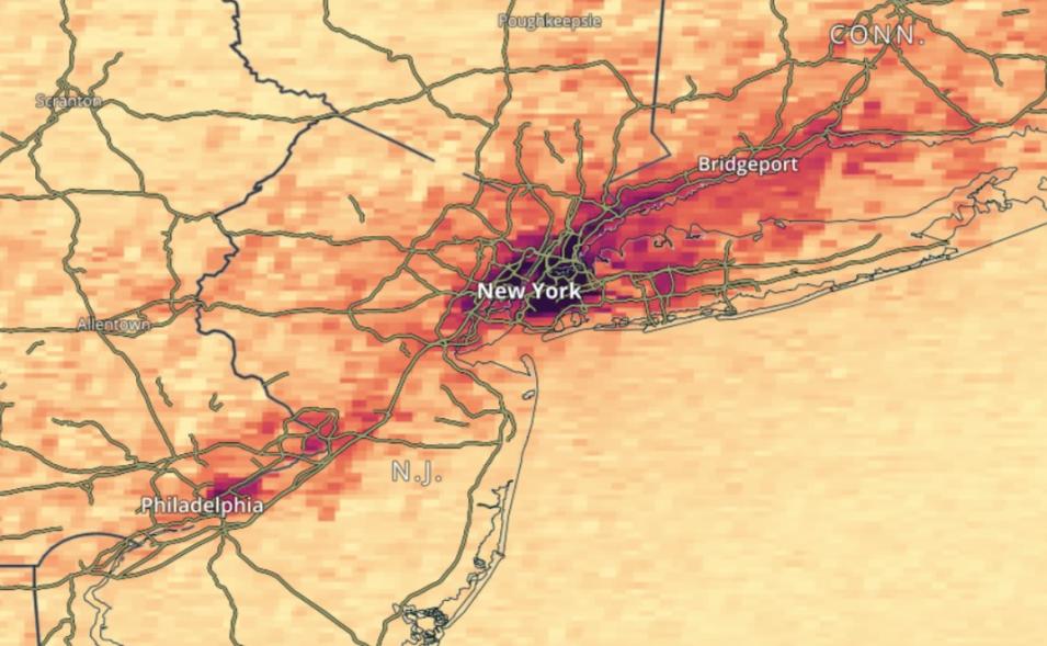 This visualization of TEMPO data from NASA Worldview shows nitrogen dioxide pollution in the atmosphere above the great New York City area and I-95 corridor.