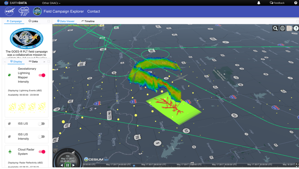 Field Campaign Explorer screenshot showing data from an ER-2 flight over Oklahoma thunderstorms. Key on left; image of ground track and T-storms on right.