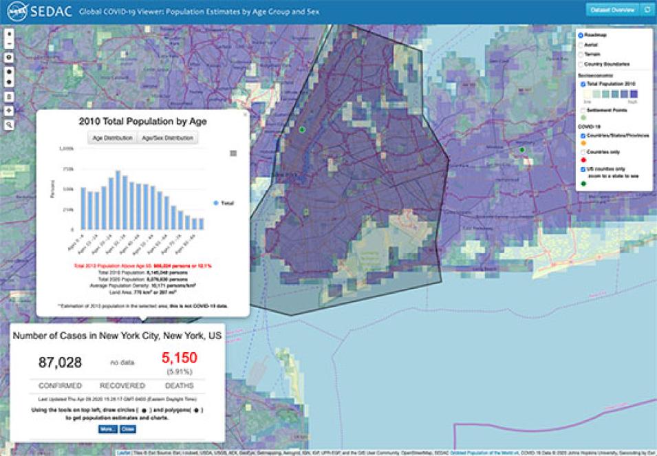 Screenshot of the Global COVID-19 Viewer tool showing parts of New York City with pop-up boxes showing data points such as number of active cases.