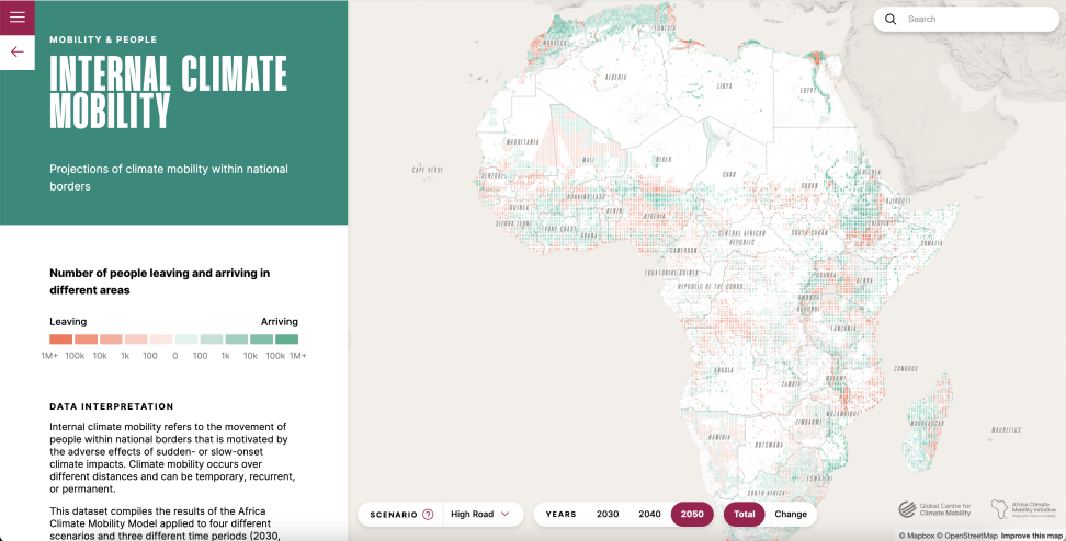 Screenshot of the Voices from the Frontlines website, showing a map of Africa overlaid with areas of red and green. Color saturation indicates the number of people leaving and arriving, with red indicating people leaving and green indicating new arrivals.