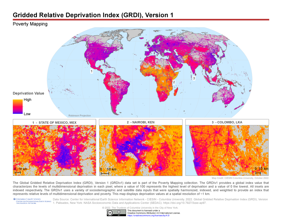 Global map shaded in oranges and purples, with orange indicating high depravation values and purples indicating low deprivation values.