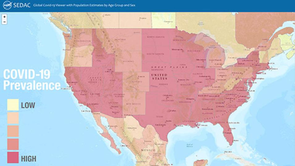 Screenshot of NASA's Global COVID-19 Viewer showing a map of the United States shaded in various shades of red and orange. The darker colors indicate higher concentrations of disease.